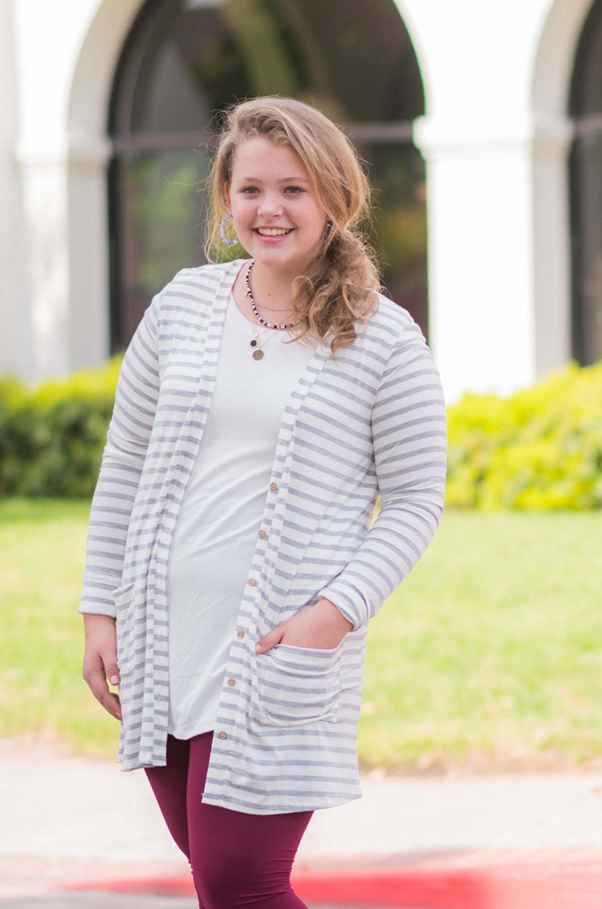 2-Piece Combo Grey Stiped Cardi and Burgundy Leggings