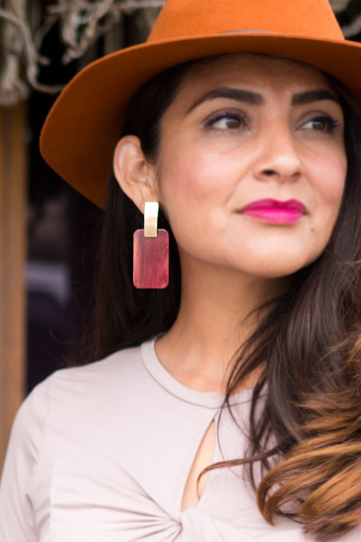 Lucite Burgundy Earrings in Rectangle