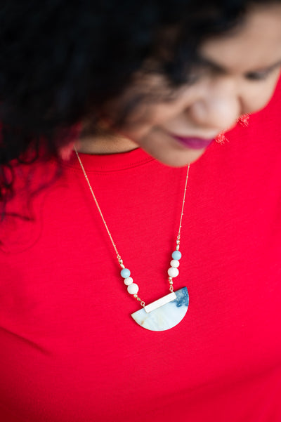 Marble and Vintage Blue Half Moon Necklace